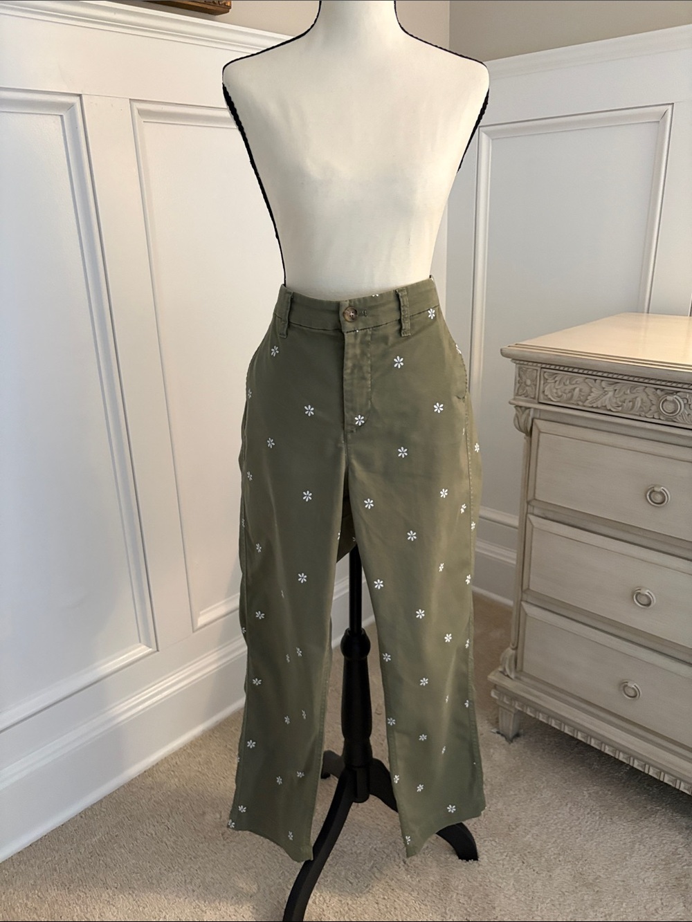 J. Crew Olive Green Wide-Leg Jeans with White Floral Embroidery